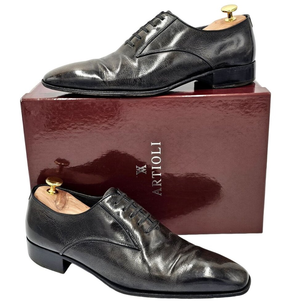 Italian Artioli Mens size 9 Smokey Brown Grey Leather Dress Shoes Luxury Oxfords - Picture 1 of 13